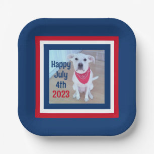 July 4 Red White Blue Striped Photo of Cute Dog Paper Plates