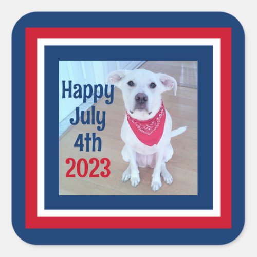 July 4 Red White Blue Striped Photo of Cute Dog Square Sticker