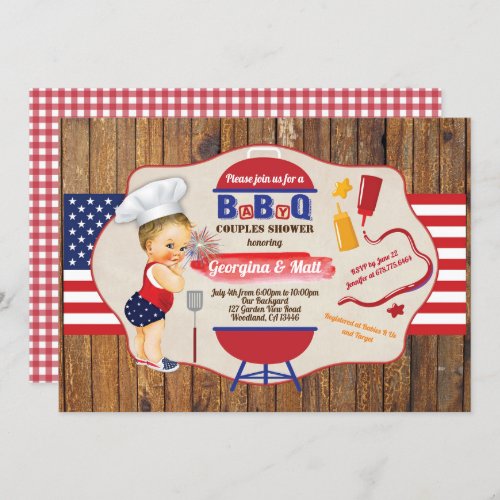 July 4th baby boy couples shower BBQ party Invitation