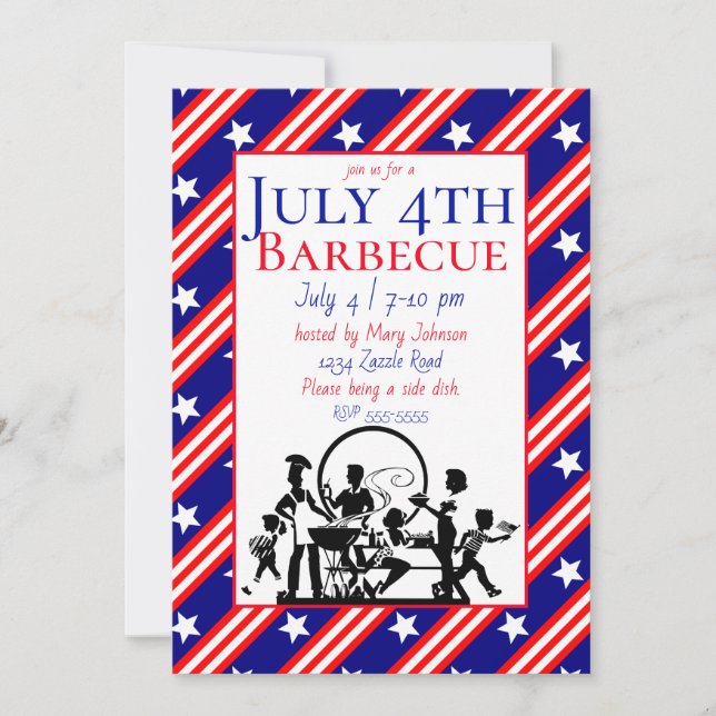 July 4th Barbecue Stars, Red, White Stripes Invitation (Front)