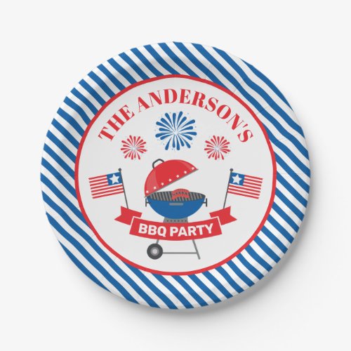 July 4th Barbeque BBQ Party Navy Striped Paper Plates