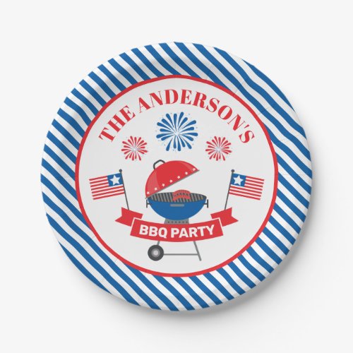 4Th Of July 5 July 4Th Barbeque Bbq Party Navy Striped Paper Plates