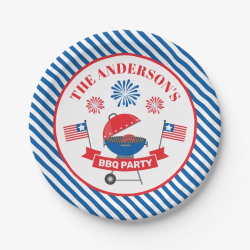 July 4Th Barbeque Bbq Party Navy Striped Paper Plates