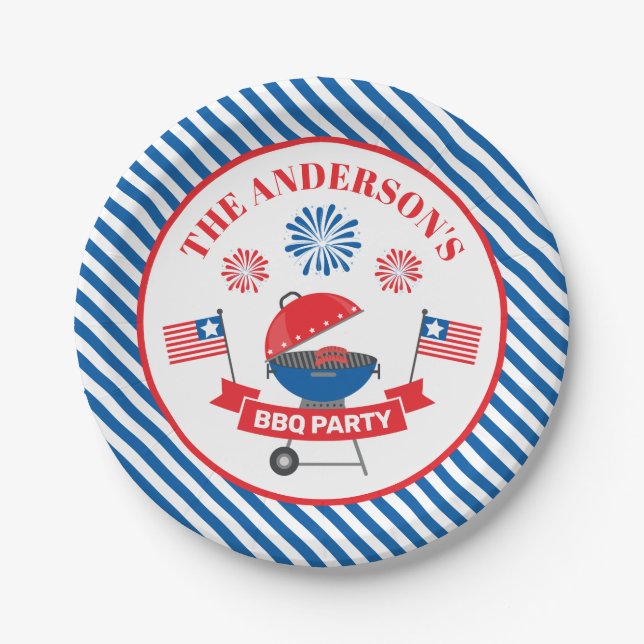 July 4th Barbeque BBQ Party Navy Striped Paper Plates (Front)