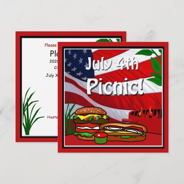 July 4th BBQ Grill Picnic Hamburger Hotdog Invitation (Front/Back)