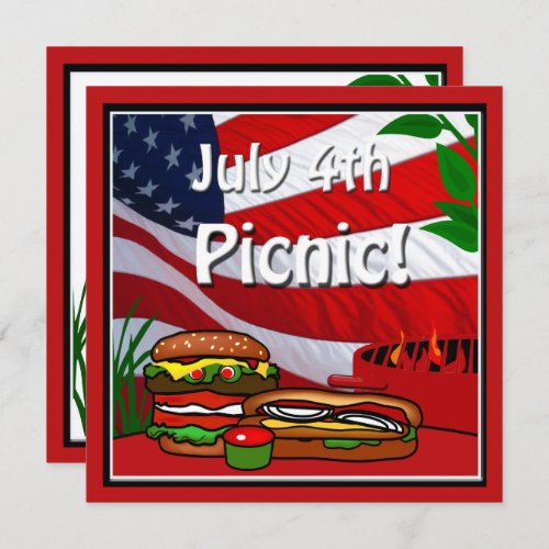 July 4th BBQ Grill Picnic Hamburger Hotdog Invitation