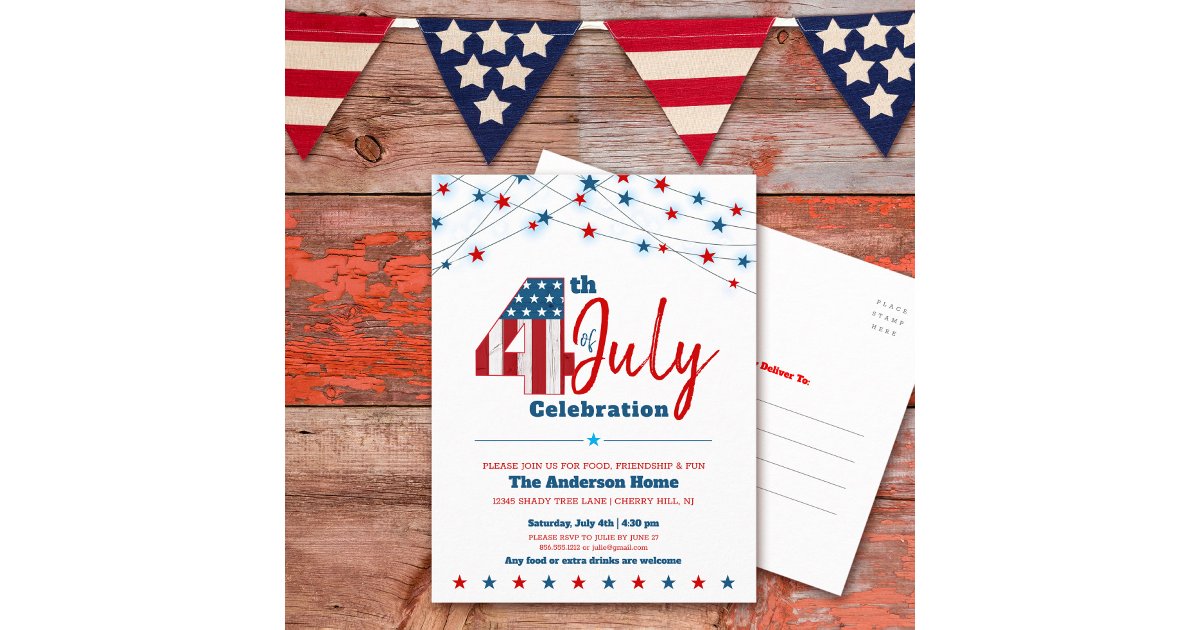 July 4th BBQ Modern Stars Stripes Red White Blue Invitation Postcard ...