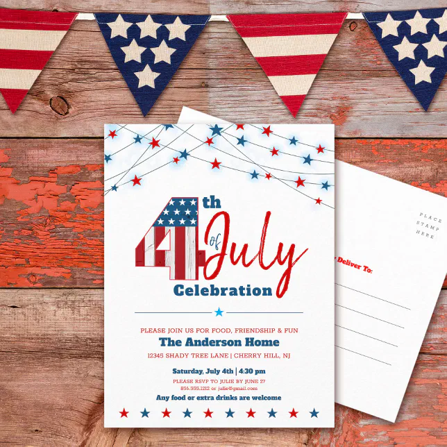 July 4th BBQ Modern Stars Stripes Red White Blue Invitation Postcard ...