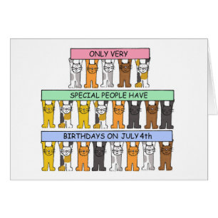 July 4th Birthday Cartoon Cats Holding Banners Cards