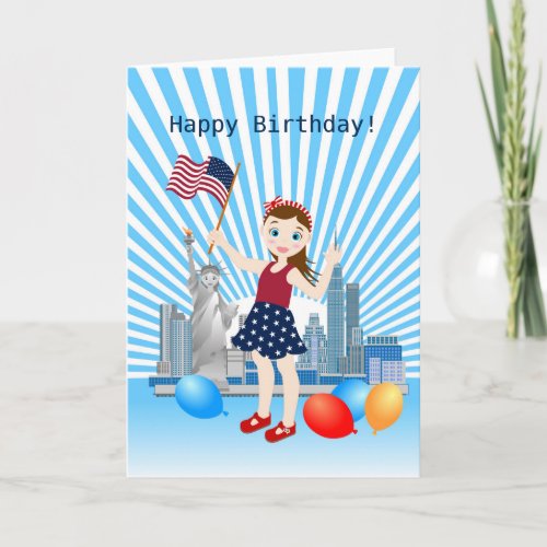 July 4th Birthday Girl with USA flag Card