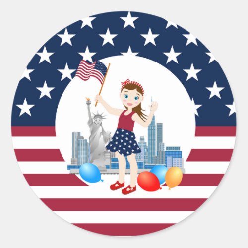 July 4th Birthday Girl with USA flag Classic Round Sticker