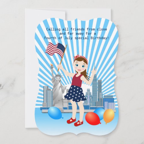 July 4th Birthday Girl with USA flag Invitation