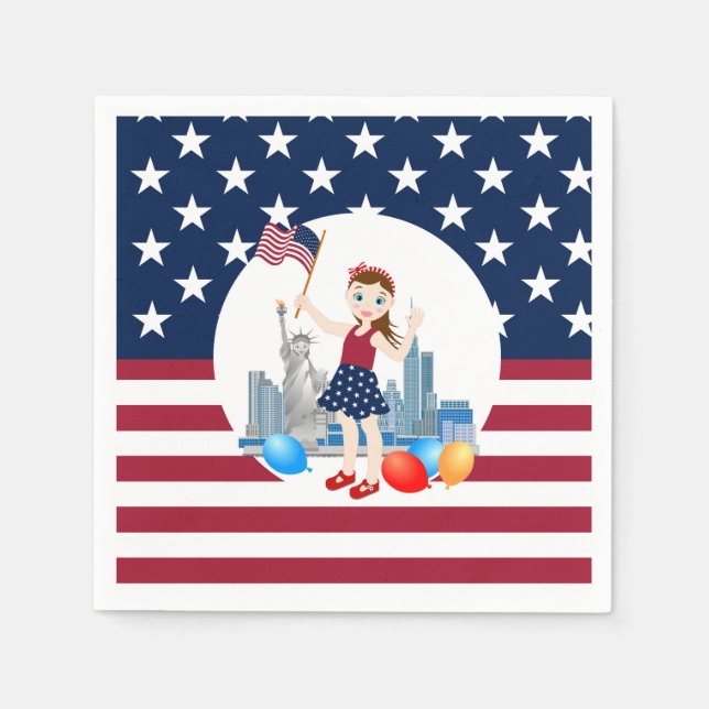 July 4th Birthday Girl with USA flag Paper Napkins (Front)