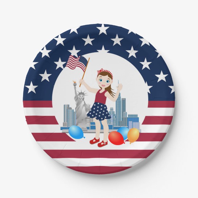 July 4th Birthday Girl with USA flag Paper Plates (Front)