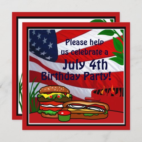 July 4th Birthday Grill Picnic Hamburger Hotdog Invitation