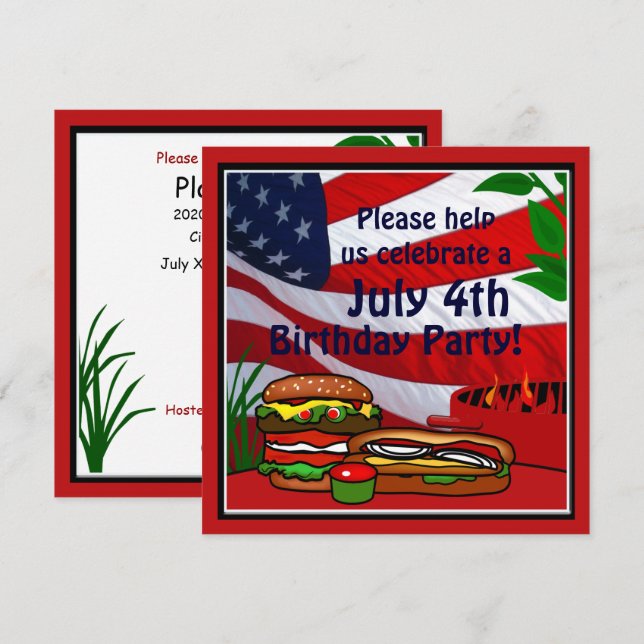 July 4th Birthday Grill Picnic Hamburger Hotdog Invitation (Front/Back)