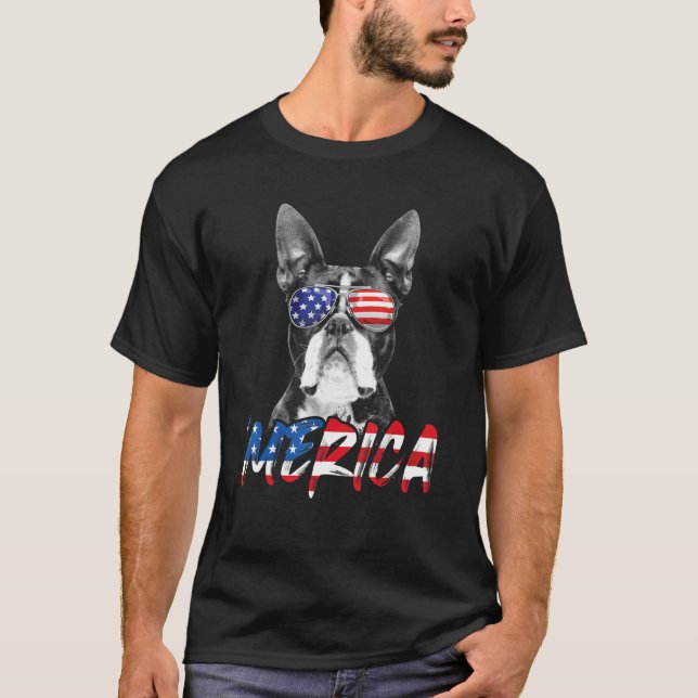 July 4th Boston Terrier Merica American Flag Patri T-Shirt (Front)