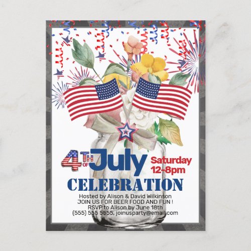 JULY 4th Celebration Party Mason Jar Invitation Postcard