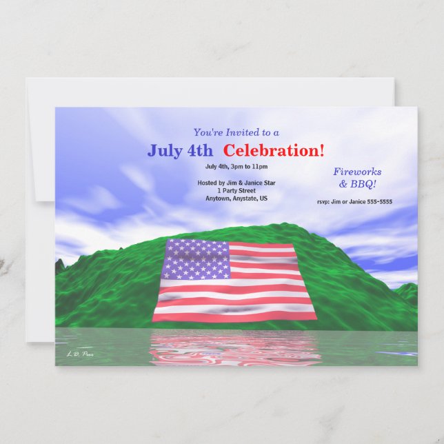 July 4th  Celebration US Flag and Green Hills Invitation (Front)
