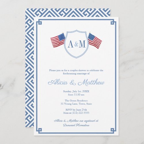 July 4th Classic Monogram Couples Bridal Shower Invitation - This classic bridal shower or co-ed wedding shower design features a blue and white crest with space the couples initials. This is flanked by watercolor USA flags, originally handpainted by me before being scanned into digital form. You can change the color of the Greek key border on the front and the pattern on the back by entering the design tool and changing the background color of each side.