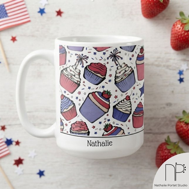 July 4th Cupcake Mug  (This July 4th Cupcake Mug features hand-drawn patriotic cupcakes and strawberries by Nathalie Portet)
