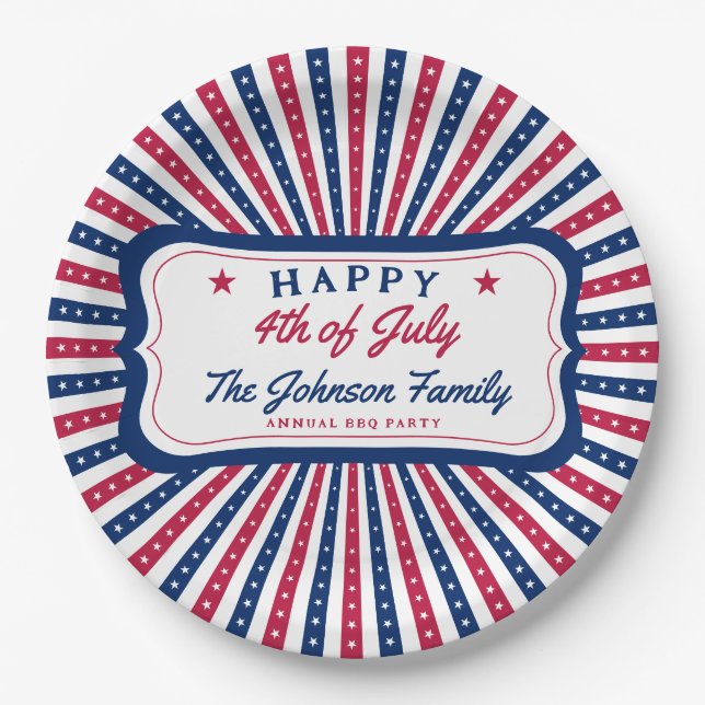 July 4th Custom American Family Summer BBQ Party Paper Plates (Front)