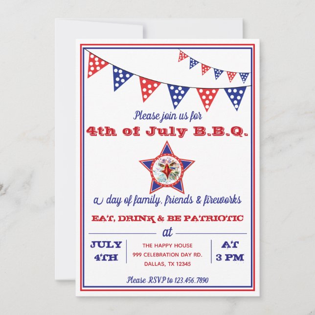 July 4th Eagle, Red, White & Blue BBQ party Invitation (Front)