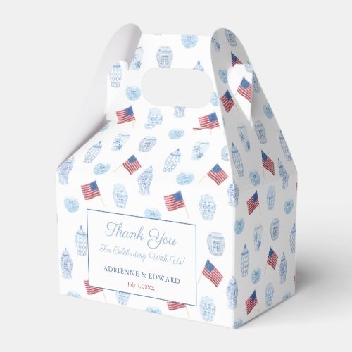 July 4th Elegant Chinoiserie American Flag Wedding Favor Box - Stylish favor boxes with a red white and blue watercolor ginger jar / USA flag pattern.