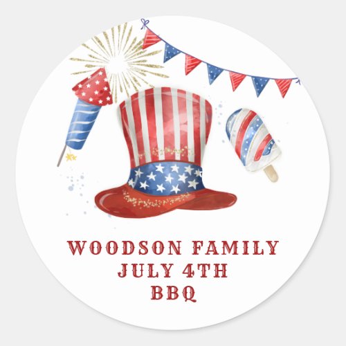 July 4th Family Name BBQ Classic Round Sticker