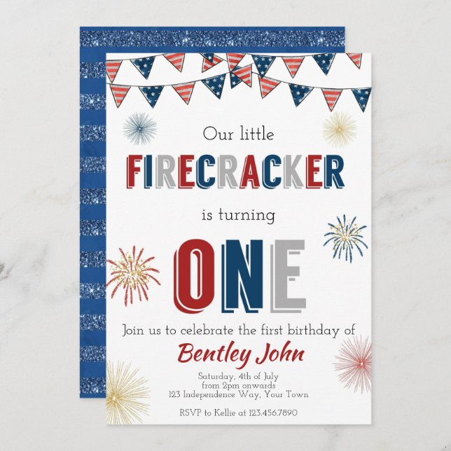 July 4th Firecracker 1st Birthday Invitation (Front/Back)