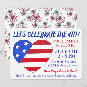 July 4th Flag Heart Fireworks Patriotic USA Party Invitation