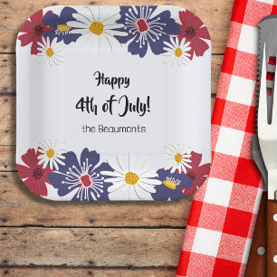 July 4th Floral Red Blue Summer Party Paper Plate