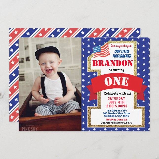 July 4th Fourth 1st First Birthday Boy Girl Photo Invitation (Front/Back)