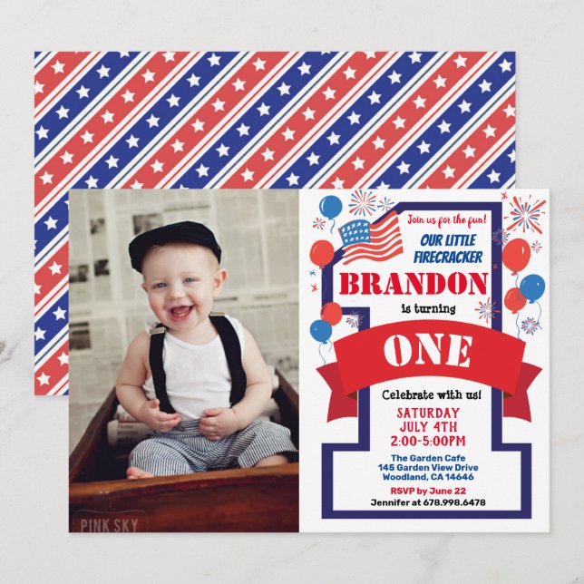 July 4th Fourth 1st First Birthday Boy Girl Photo Invitation (Front/Back)