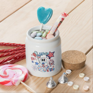July 4th Ghost Red White Boo Patriotic Halloween Candy Jar
