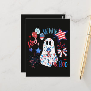 July 4th Ghost Red White Boo Patriotic Halloween Postcard
