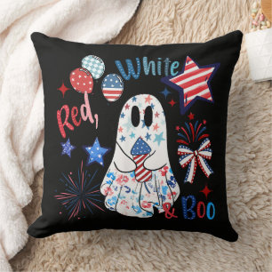 July 4th Ghost Red White Boo Patriotic Halloween Throw Pillow