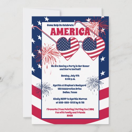 July 4th Heart Sunglasses America Party Invite