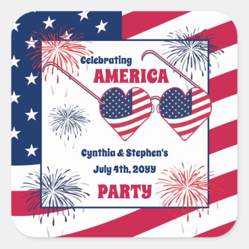 July 4th Heart Sunglasses America Party  Square Sticker
