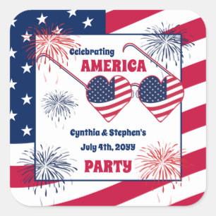 July 4th Heart Sunglasses America Party Square Sticker