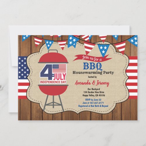 July 4th Housewarming Party BBQ rustic wood Invitation