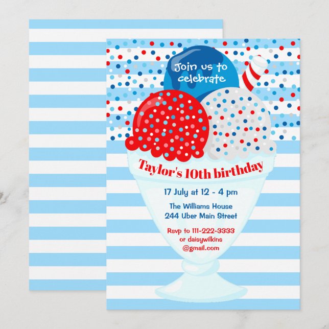 July 4th Ice Cream Birthday Party Invitation (Front/Back)