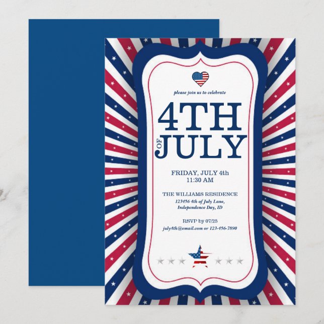 July 4th Independence Day Stars & Stripes Cookout Invitation (Front/Back)