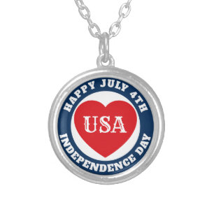 July 4th Love the USA Patriotic Red White Blue Silver Plated Necklace