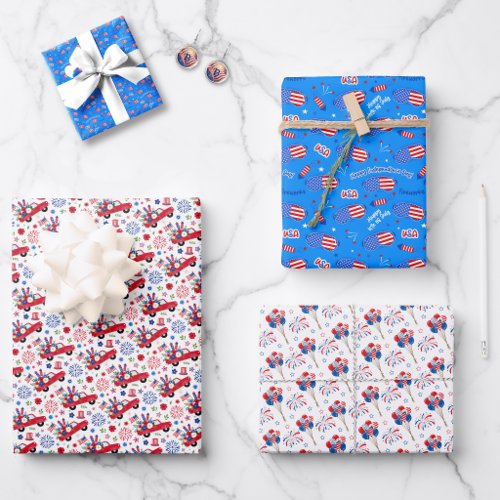July 4th Motifs Red White Blue 3 Playful Patterns Wrapping Paper Sheets