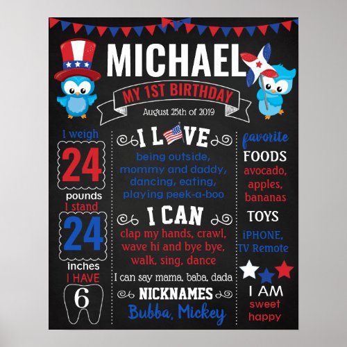 July 4th Owl Patriotic red blue flag Birthday Poster