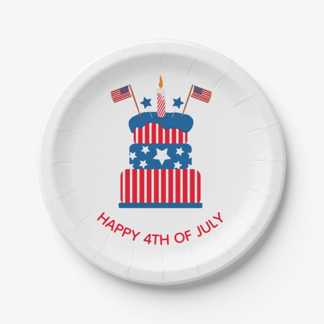 July 4th Party Red White and Blue Cake Paper Plates (Front)