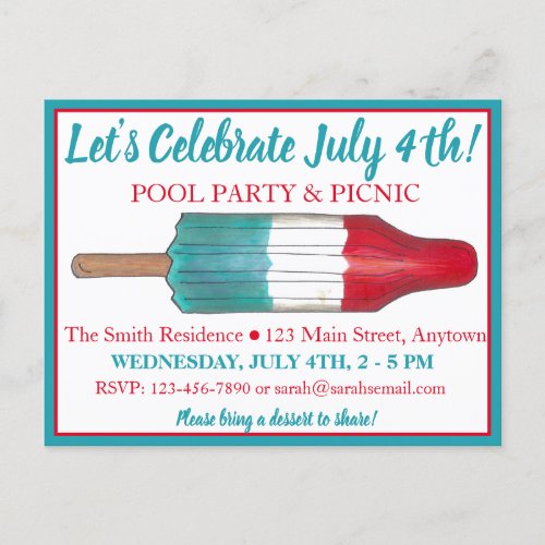 July 4th Party Rocket Pop Popsicle Fireworks Invitation Postcard