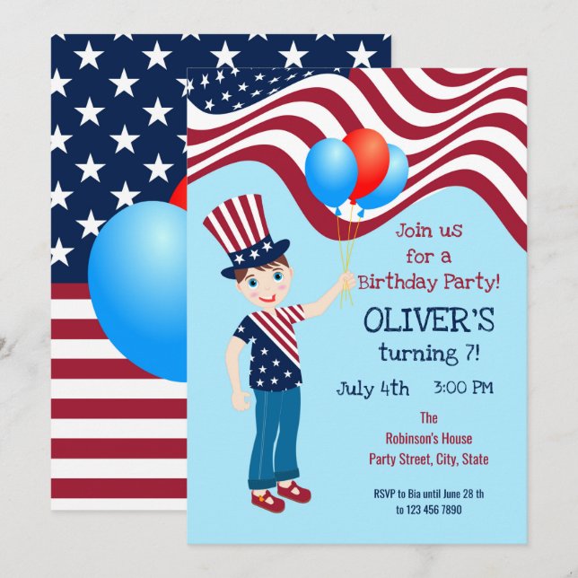 July 4th Patriotic Boy Birthday Party   Invitation (Front/Back)