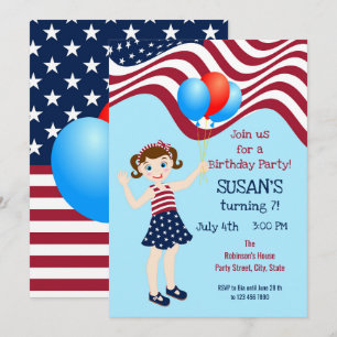 July 4th Patriotic Gir Birthday Party Invitation